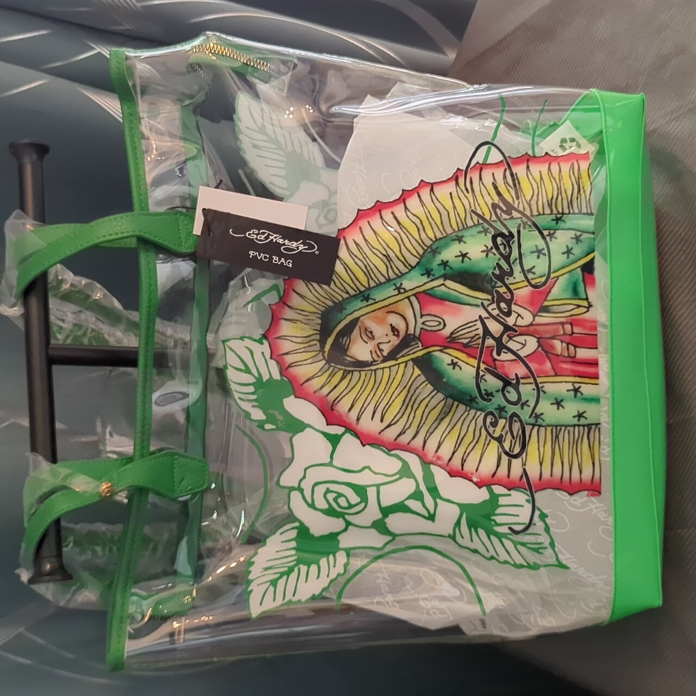 Ed Hardy Green Transparent Tote with Artistic Design
